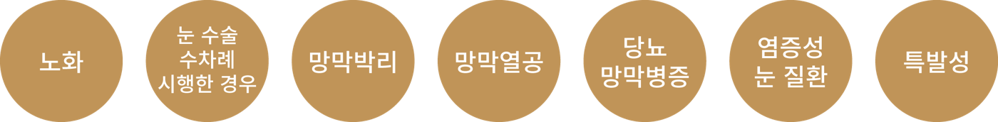 망막전막의 원인: 노화, 눈 수술을 시행한 경우, 망막박리, 망막열공, 당뇨망막병증, 염증성 눈 질환, 특발성